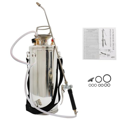 2 Gallon Stainless Steel Sprayer, 20 Wand & 3FT Reinforced Hose, Heavy Duty Hand Pump Sprayer with Pressure Gauge, Safety Valve and Adjustable Nozzle, for Lawn, Garden Watering (Silver-8L) - size: 2 Gallon