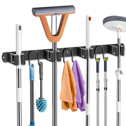 Broom Holder Wall Mount, Stainless Steel Mop Hanger with 4 Slots 6 Hooks, Tool Storage Wall Organizer for Kitchen Garden Garage Laundry Room Bathroom and RV, Black 1-Pack - color: Black-1 Pack