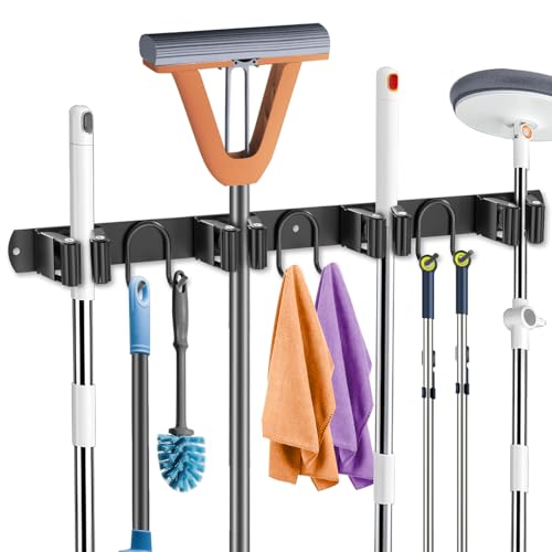 Broom Holder Wall Mount, Stainless Steel Mop Hanger with 4 Slots 6 Hooks, Tool Storage Wall Organizer for Kitchen Garden Garage Laundry Room Bathroom and RV, Black 1-Pack - color: Black-1 Pack
