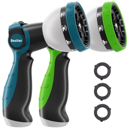 Besiter Garden Hose Nozzle, Hose Sprayer Nozzle with 10 Spray Patterns, Thumb Control On Off Valve,2 Pack High Pressure Metal Water Hose Nozzle for Car Wash, Plants, Pets & Outdoor Cleaning Blue Green - color: GreenBlue