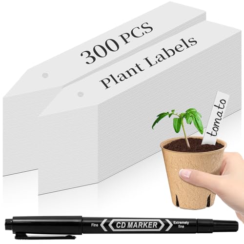 Dalzom® 300Pcs 4" Plant Labels with Marker Pen, Waterproof Plastic Plant Tags for Outdoor Seedlings Vegetable Garden Signs Markers Label Stakes (White) - color: White