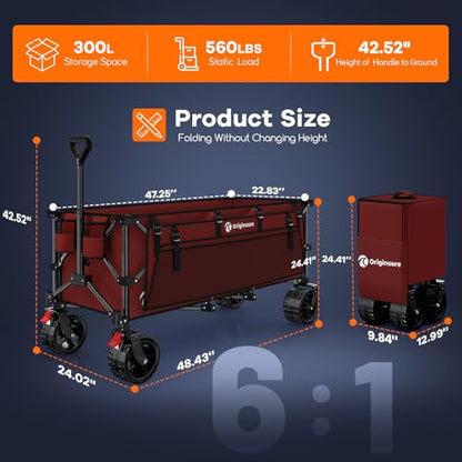 Originsure 300L Beach Wagons Carts Foldable with Big Wheels, 560lbs, Red - color: Red