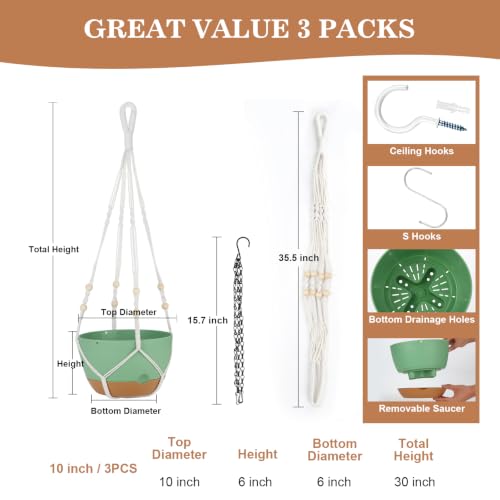 3 Pack Hanging Planter for Indoor Plants, 10inch Self-Watering Hanging Plant Pot, Macrame Plant Hanger with Pot, Chain, S & Ceiling Hooks, Removable Saucer and Drainage Holes for Garden Home - Green - color: Green