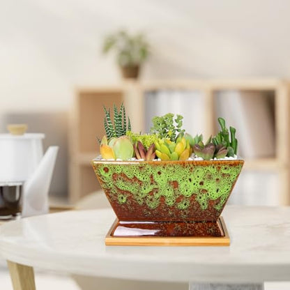 ARTKETTY Succulent Pots - 7 Inch Large Plant Pots with Drainage Tray - color: Green With Tray