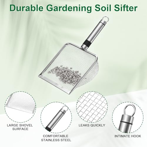 M METERXITY 1-Pack Gardening Soil Sifter, 3.8 mm Mesh Stainless Steel Sand Soil Compost Sieve with Stainless Steel Handle for Sand/Dirt/Rock Compost, Screen Potting Scoop [Silver Tone] - size: 3.8 mm