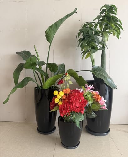24/21/11 Inch Tall Planter Pots Garden Plastic Planters - Set of 3 for Indoor & Outdoor Use - Decorative Lightweight Flower Pots - color: Black