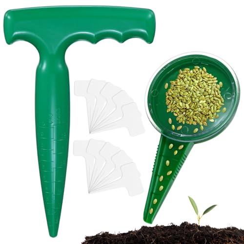M METERXITY 1-Set Seed Planter Tool, Plastic Hand Dibber Garden Tool with Handle for Sowing Seeds/Transplanting/Planting Bulb, Handheld Digging Hole Punch [Dark Green, with Plant Labels] - color: Dark green