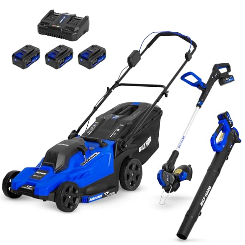 BILT HARD 40V Electric Cordless 17" Lawn Mower, 12" Trimmer & Leaf Blower Combo – 3x5.0Ah Batteries (2x20V), Dual Charger, 6-Position Cutting Height, 50L Bag