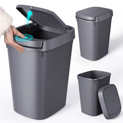 CEROELDA 3 Pack Bathroom Trash Can with Lid, 10L/2.6 Gal Small Garbage Can with Press Top Lid, Slim Plastic Waste Basket for Toilet, Office, Bedroom (Grey) - color: 3 Pack-Grey