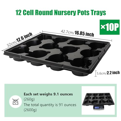 RooTrimmer 12 Cell Round Nursery Pots Trays Thickened Durable Seedling Pots Shuttle Carrying Trays for Holding 4 inch Nursery Pots (16.85" × 12.6", 10-Pack) - color: Black, size: 12 Cell Trays for 4 Inch Pots-10 Pack
