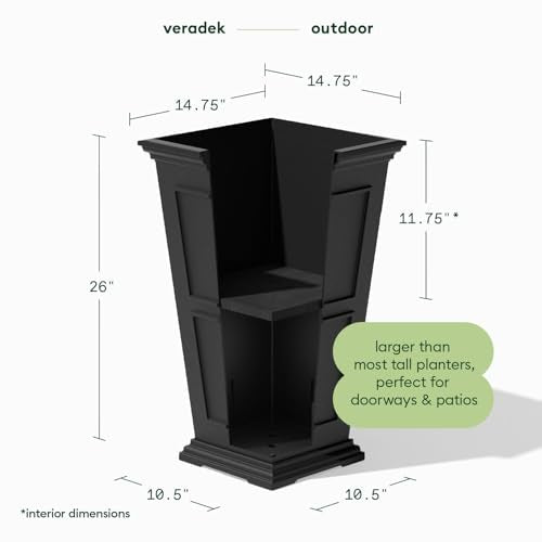 Veradek Brixton Series Tall Plastic Planter (Black, 26" H x 14.75" W x 14.75" L - 2 Pack with Shelf) - color: Black, size: 26 inch - 2 pack with Shelf