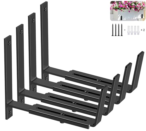 Y&M Adjustable Planter Brackets (6 to 12.5 in), Heavy Duty Iron Window Box Mounting Hooks for Balcony, Fences, Patio, Garden - Black - size: 4pcs Black