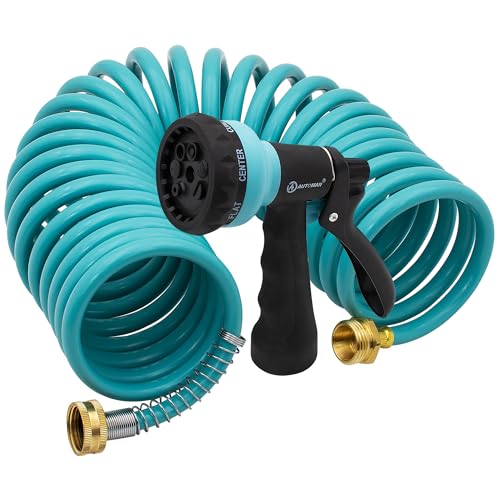AUTOMAN EVA Recoil Garden Hose 25ft, Includes 7 Pattern Spray Nozzle, Coil Water Hose 25 Foot, Curly Watering Hose,Retractable,Corrosion Resistant Garden Coil Hose - color: Turquoise, size: 25ft
