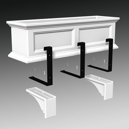 Mayne Fairfield 4ft White Durable Self Watering Window Box Planter with Wall Mount Brackets (5823-W) Bundle with Decorative Brackets, White, 2 Count