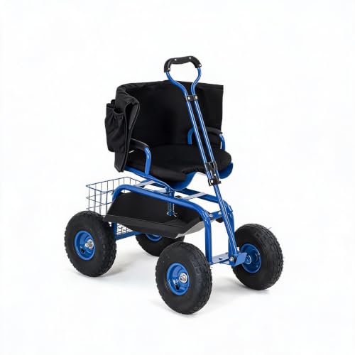 Rolling Garden Cart with Seat, Garden Workseat with 360-Degree Swivel - color: Blue+backrest