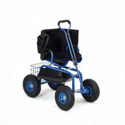 Rolling Garden Cart with Seat, Garden Workseat with 360-Degree Swivel - color: Blue+backrest