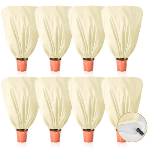 8 Pcs Plant Covers Frost Protection Bag 39.3"X39.3" Winter Reusable Plants Jacket with Drawstring Shrub Protection Wraps Bags Frost Blanket for Winter Outdoor Garden Plants - color: Beige, size: 39.3 × 39.3 Inch