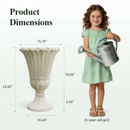 Tall Plastic Urn Planters and Pedestal - 24" Outdoor Planter Beige - color: Yellowish Beige-petal