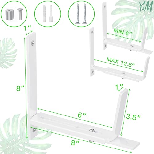 Y&M 2 Pack Adjustable Planter Brackets (6 to 12.5 in), Universal Window Box Mounting Hooks, Heavy Duty Iron Flower Box Wall Mounts for Balcony, Fences, Patio, and Garden - White - size: 2pcs White