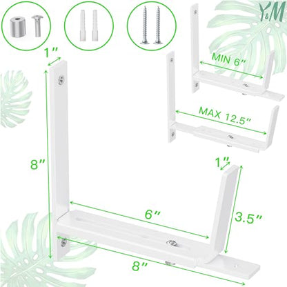 Y&M 6 Pack Adjustable Planter Brackets (6 to 12.5 in), Universal Window Box Brackets, Heavy Duty Iron Flower Box Wall Mounting Hooks for Balcony, Fences, Patio, and Garden - White - size: 6pcs White