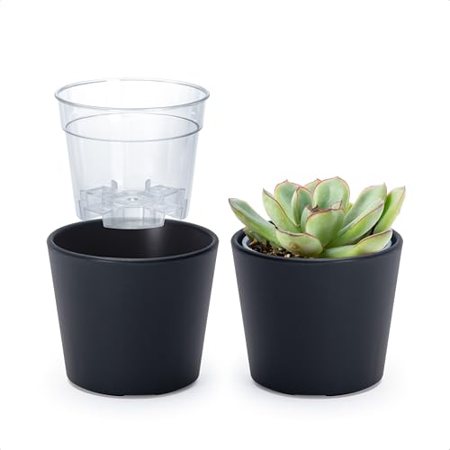 Phoenix Vine 3.5 Inch Black Plastic Cachepot with Clear Nursery Pot, Decorative Lightweight Planter Cover with Transparent Inner Pot for Indoor Houseplants, Pack of 2, 24-A-E-2 - color: Matte Black, size: 3.5" (2 Pack)