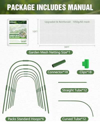 6 Sets Garden Hoops with 10x30 Ft Netting for Raised Beds, 18 Clips - color: Green-10*30ft