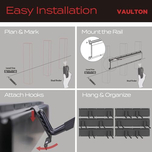 VAULTON 96" Garage Wall Organizer, Steel Tool Rack, 6 Rails 12 Double Hooks - size: 18-Piece Set (6 Rails, 12 Hooks)