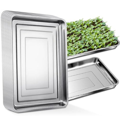RooTrimmer 10 Pack Large Stainless Steel Seedling Trays, Heavy Duty Metal Water Catch Trays for Nursery Pots Transplant, Seed Germination & Propagation Flats (17.5 inch×13.56 inch, 1.18" Height) - size: Large-10P