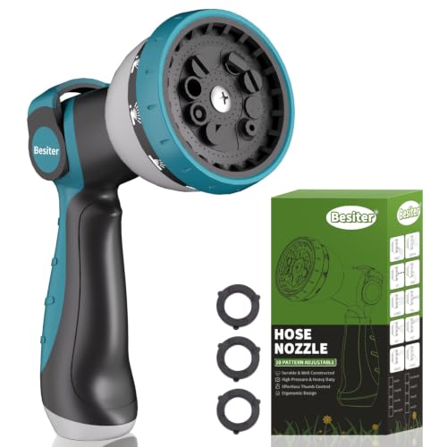 Besiter Hose Nozzle, Garden Hose Nozzle with 10 Spray Patterns, Thumb Control On Off Valve, Adjustable and Heavy Duty for Washing Car, Watering Plants, Washing Pets, and Home Use - color: BlueBlack