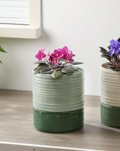 Fayoula Self Watering Pots for Indoor Plants, 6 Inch Ceramic Self Watering Plant Pot, Planter Pot with Wick Rope and Drainage Hole for African Violet Succulent Herbs (Green Light) - color: Green Light