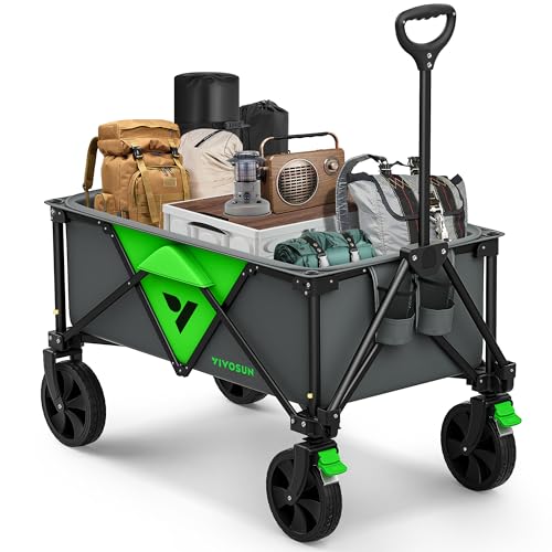 VIVOSUN Collapsible Folding Wagon, Outdoor Utility with Silent Universal Wheels, Cup Holders & Side Pockets, Adjustable Handle, for Camping, Garden, Sports, Picnic, Shopping, 220LBS, Grey & Green - style: Regular Style