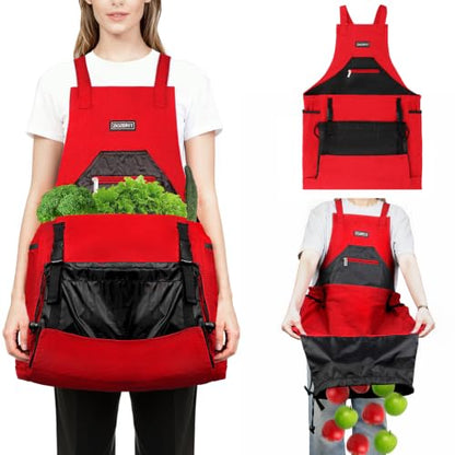 Garden Apron,Harvest Aprons with Drawstring Bag and Pockets for Women and Men,Canvas Fruit Picking Apron - color: Red