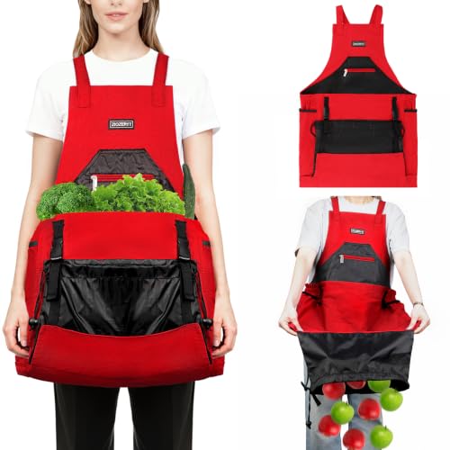 Garden Apron,Harvest Aprons with Drawstring Bag and Pockets for Women and Men,Canvas Fruit Picking Apron - color: Red