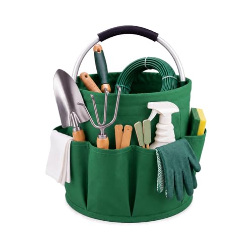 Garden Tote Bag with Tool Pockets, 4 Gal Foldable Fabric Garden Organizer for Planting, Pruning, Harvesting, Yard Cleanup, Beach Toys and Outdoor Storage, Green