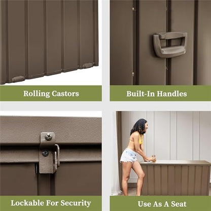 160 Gallon Outdoor Storage Shed Deck Box, Lockable Galvanized Steel, Brown - color: Dark Brown-C
