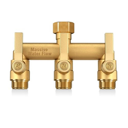 3 Way Hose Splitter Heavy Duty, Solid Brass Full Flow Outdoor Faucet and Garden Hose Splitters, Water Spigot Splitter T Adapter, All Metal Water Connector with Shut-Off Valve, 3/4 - Inch GHT Thread - style: Brass 3 way