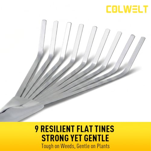 Colwelt Hand Rake 16.5", Small Rake for Gardening with 9 Resilient Flat Tines, Metal Mini Rake with Hanging Hole for Storage, Hand Fan Rake for Leaves, Loosening Soil, Spreading Mulch, Flower Beds