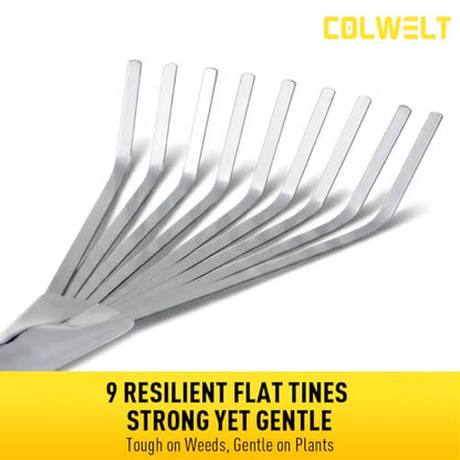 Colwelt Hand Rake 16.5", Small Rake for Gardening with 9 Resilient Flat Tines, Metal Mini Rake with Hanging Hole for Storage, Hand Fan Rake for Leaves, Loosening Soil, Spreading Mulch, Flower Beds