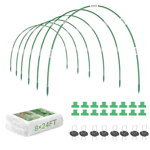 Garvee Garden Netting Kit, 8 x 24 ft Fruit Tree Mesh Netting with 5 Sets Fiberglass Garden Hoops & 20 Clips, Insect Bird Barrier Cover for Vegetable, Fruit, Flowers Protection, White