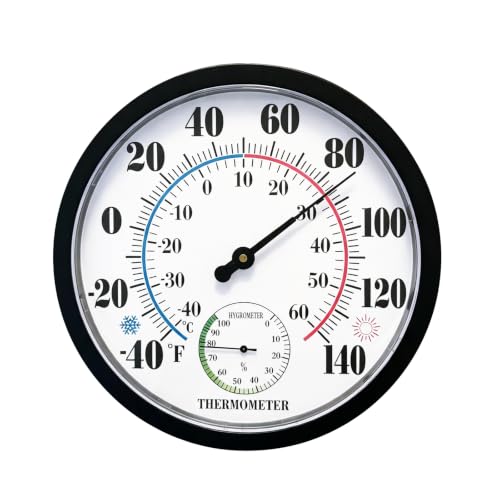 10" Indoor Outdoor Thermometer Hygrometer, Weatherproof Gauge (Black) - color: Black