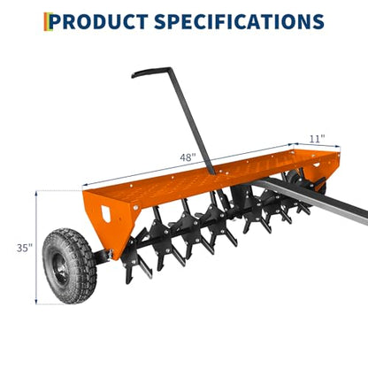 Heavy Duty 48" Tow Behind Lawn Core Aerator – Galvanized Steel Construction, 3" Spikes, Inflatable Wheels, All-Purpose Hitch – Ideal for Lawn Tractor, Mower, ATV – Yard, Garden, Farm Tool Set