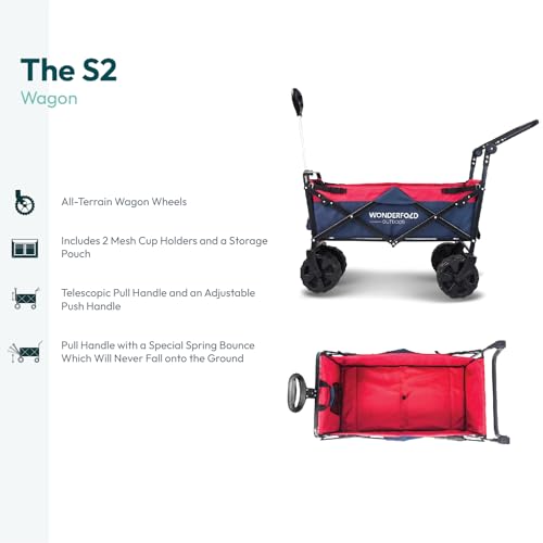WONDERFOLD S2 Push & Pull Folding Utility Cart with Wide Beach Tires, Adjustable Push Handle, Telescopic Pull Handle with Spring Bounce Technology & Storage Pouch, Navy/Red - color: Navy/Red.