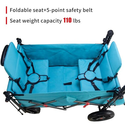 TMZ Collapsible Wagon with 2 Foldable Seats, Folding Cart with Removable Canopy, Heavy Duty Wagon 265LBS Load Capacity for Camping Garden Shopping (Turquoise) - color: Turquoise