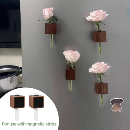 4 PCS Wooden Flower Vase Fridge Magnets, Glass Tube Flower Vase