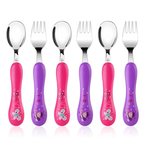 Lehoo Castle Toddler Utensils, 6-Pieces Kids Fork and Spoon Set (Butterfly) - color: Pink + Purple