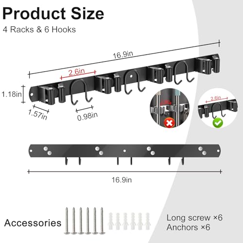 Broom Holder Wall Mount, 2 Packs Black Stainless Steel Tool Storage Organizer for Kitchen Garden Garage Laundry Room Bathroom and RV with 4 Slots 6 Hooks - color: Black-2 Pack