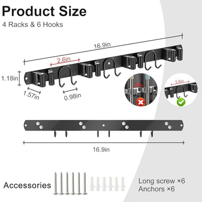 Broom Holder Wall Mount, 2 Packs Black Stainless Steel Tool Storage Organizer for Kitchen Garden Garage Laundry Room Bathroom and RV with 4 Slots 6 Hooks - color: Black-2 Pack
