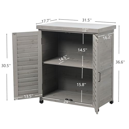 Solid Wood Patio Storage Cabinet with Metal Top - color: Grey - 31.50 X 17.00 X 36.00 Inch