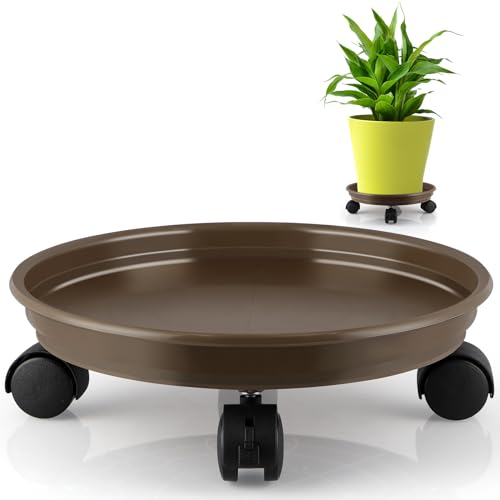 Resin Plant Caddy with Wheels, 11.6" Round Plant Pallet, Plant Pot Trolley (Brown) - color: Brown