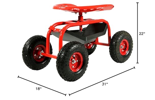 Sunnydaze Rolling Garden Cart with Swivel Seat and Storage, Red - color: Red